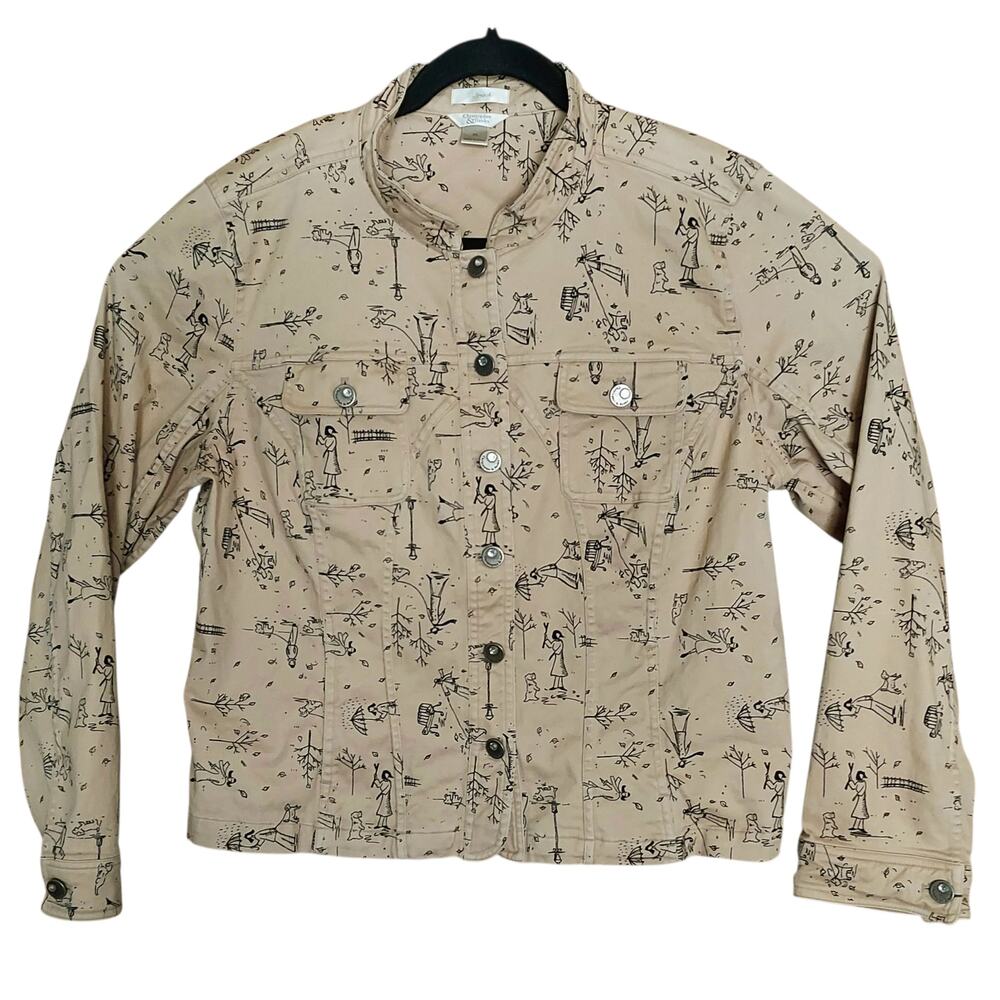 Christopher & Banks Womens Tan Stretch Jacket Dog People City Park Graphic Sz XL - Picture 2 of 6